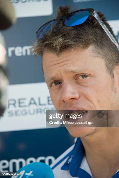 Esteve Rabat of Spain and Reale Avintia Racing speaks with journalist at the end of the qualifying practice during the MotoGp of Germany - Qualifying...