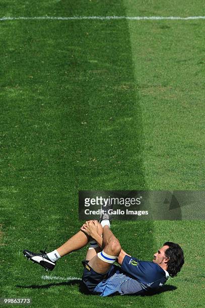 Victor Matfield of the Bulls stretches during a Vodacom Bulls training session at Orlando Stadium on May 18, 2010 in Soweto, Johannesburg, South...