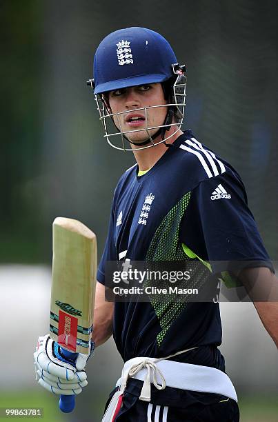Alastair Cook of England Lions in action during a net session at The County Ground on May 18, 2010 in Derby, England.