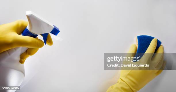 hands of cleaning staff with scourer and sprayer working - animal hand stock pictures, royalty-free photos & images