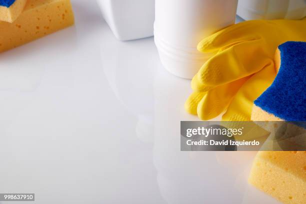 professional cleaning equipment on table elevated view - powder laundry detergent stock pictures, royalty-free photos & images