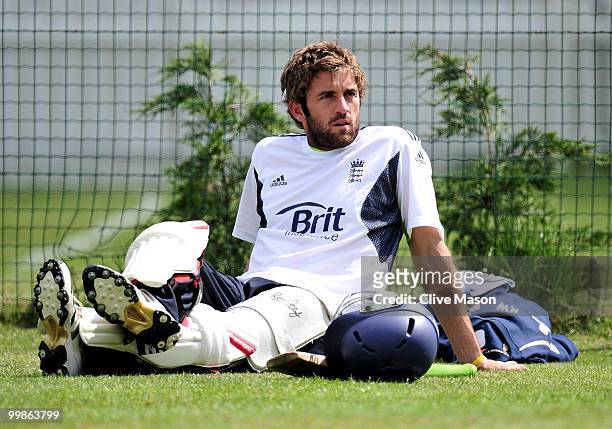 Liam Plunkett of England Lions takes a break during a net session at The County Ground on May 18, 2010 in Derby, England.