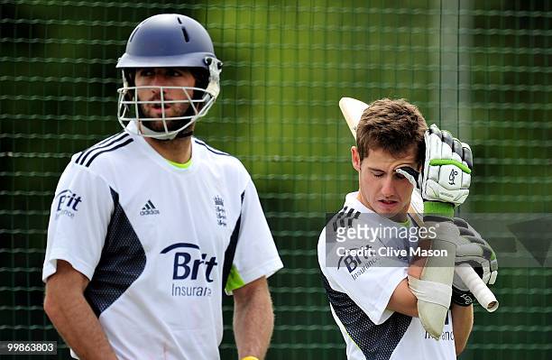 Steven Davies and Liam Plunkett of England Lions in action during a net session at The County Ground on May 18, 2010 in Derby, England.