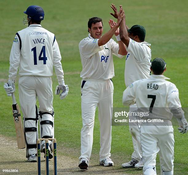 Paul Franks of Nottinghamshire celebrates the wicket of James Vince of Hampshire during the LV County Championship match between Nottinghamshire and...