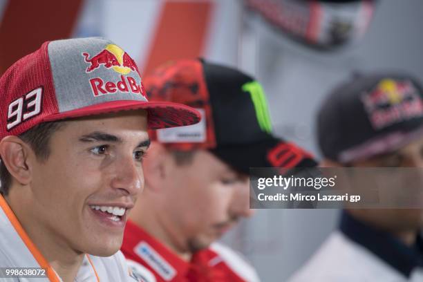 Marc Marquez of Spain and Repsol Honda Team speaks during the press conference at the end of the qualifying practice during the MotoGp of Germany -...