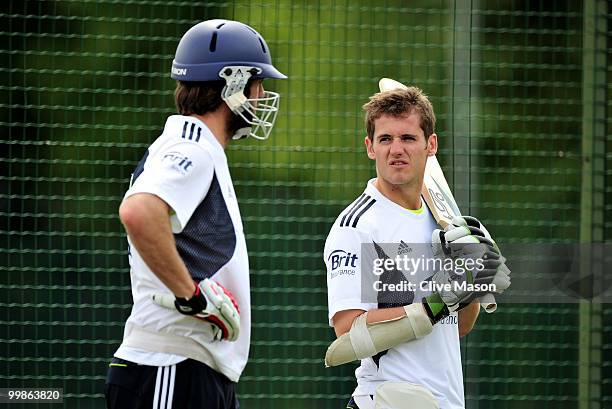 Liam Plunkett of England Lions talks with Steven Davies during a net session at The County Ground on May 18, 2010 in Derby, England.