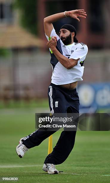 Monty Panesar of England Lions in action during a net session at The County Ground on May 18, 2010 in Derby, England.