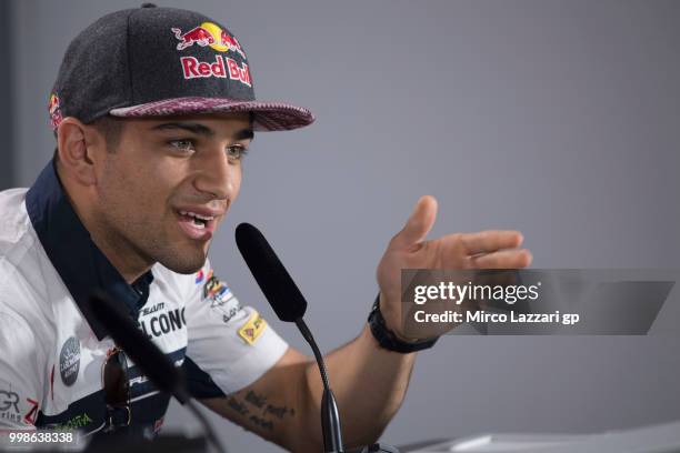 Jorge Martin of Spain and Del Conca Gresini Moto3 speaks during the press conference at the end of the qualifying practice during the MotoGp of...