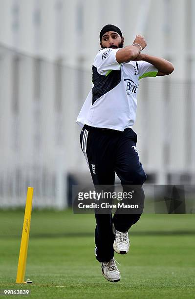 Monty Panesar of England Lions in action during a net session at The County Ground on May 18, 2010 in Derby, England.