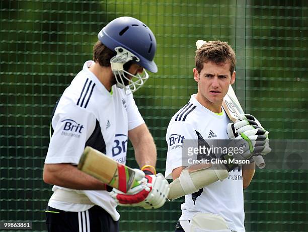 Liam Plunkett of England Lions talks with Steven Davies during a net session at The County Ground on May 18, 2010 in Derby, England.