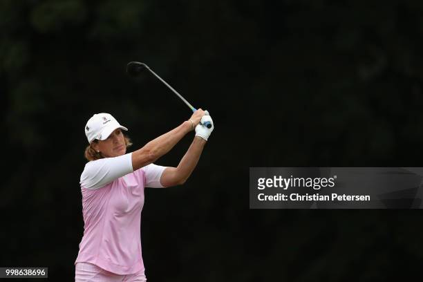 Juli Inkster plays her second shot on the second hole during the third round of the U.S. Senior Women's Open at Chicago Golf Club on July 14, 2018 in...