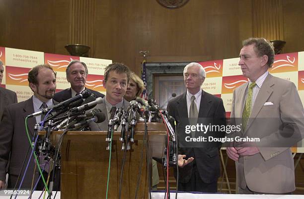 Michael J. Fox along withPaul Wellstone, D-Minn., Tom Harkin, D-Iowa, Thad Cochran, R-Miss., and Arlen Specter, R-Pa., during a press conference on...