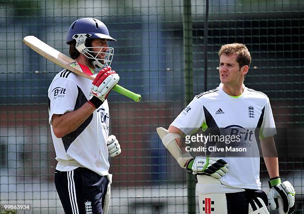 Liam Plunkett of England Lions talks with Steven Davies during a net session at The County Ground on May 18, 2010 in Derby, England.