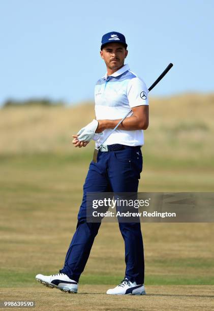 Rickie Fowler of USA looks on, on hole nine during day three of the Aberdeen Standard Investments Scottish Open at Gullane Golf Course on July 14,...