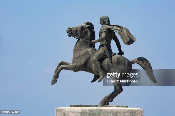 The bronze statue of Alexander the Great, the King of Macedonia, the king of Greece, on his famous horse Bucephalus located at the waterfront of...