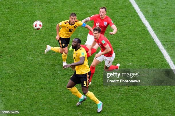Romelu Lukaku forward of Belgium, Eden Hazard midfielder of Belgium, John Stones defender of England , Phil Jones defender of England during the FIFA...