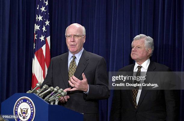 Patrick J. Leahy, D-Vt., and Edward M. Kennedy, D-Mass., during a press conference after the Senate voted to approve John Ashcroft as Attorney...