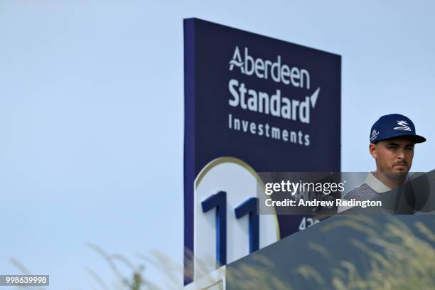 Rickie Fowler of USA looks on, on hole eleven during day three of the Aberdeen Standard Investments Scottish Open at Gullane Golf Course on July 14,...