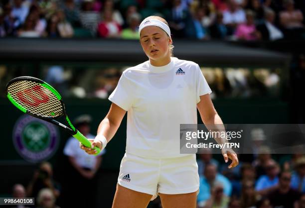 Jelena Ostapenko of Latvia looks frustrated against Angelique Kerber of Germany in the ladies' semi finals at the All England Lawn Tennis and Croquet...