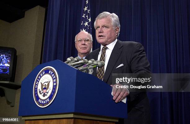 Patrick J. Leahy, D-Vt., and Edward M. Kennedy, D-Mass., during a press conference after the Senate voted to approve John Ashcroft as Attorney...