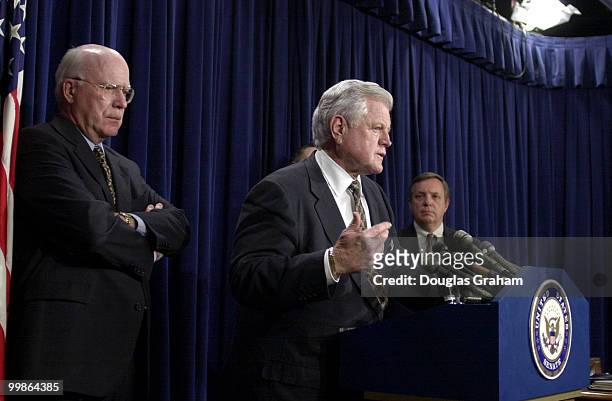 Patrick J. Leahy, D-Vt., Edward M. Kennedy, D-Mass., and Richard J. Durbin, D-Ill., during a press conference after the Senate voted to approve John...