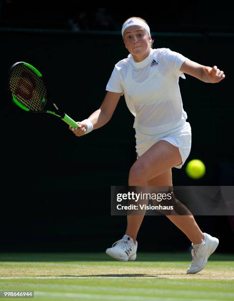 Jelena Ostapenko of Latvia during her semi-final match against Angelique Kerber of Germany on day ten of the Wimbledon Lawn Tennis Championships at...