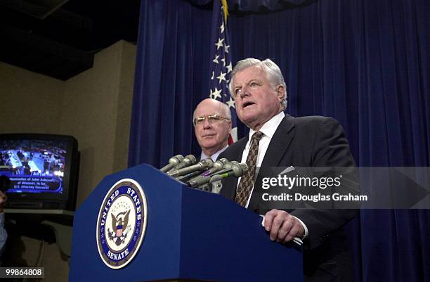 Edward M. Kennedy, D-Mass., and Patrick J. Leahy, D-Vt., during a press conference after the Senate voted to approve John Ashcroft as Attorney...