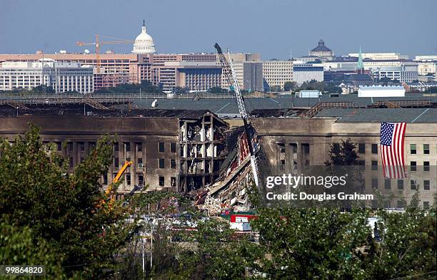 Damage can be seen after terrorist hijacked a United Boeing 757 from Dulles International Airport and crashed it into the Pentagon.