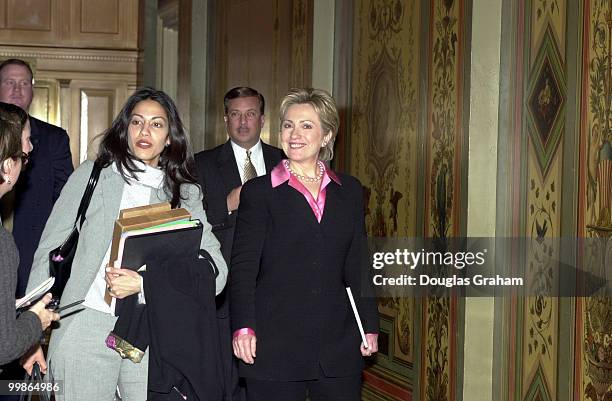 Hillary Rodham Clinton, D-N.Y., makes her first trip to Capitol Hill to meet with senator Robert C. Byrd, D-W. Va. Seen here leaving the senators...