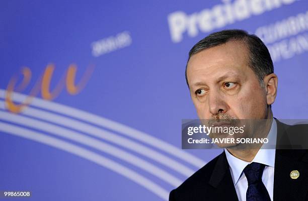 Turkish Prime Minister Recep Tayyip Erdogan gives a press conference during the Sixth Summit of Heads of State and Government of the European...