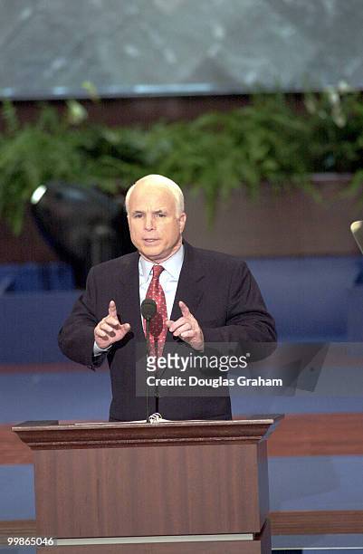 John McCain, R-Ariz., endorses Grorge W. Bush at the 2000 Republican Convention in Philadelphia, Pa.