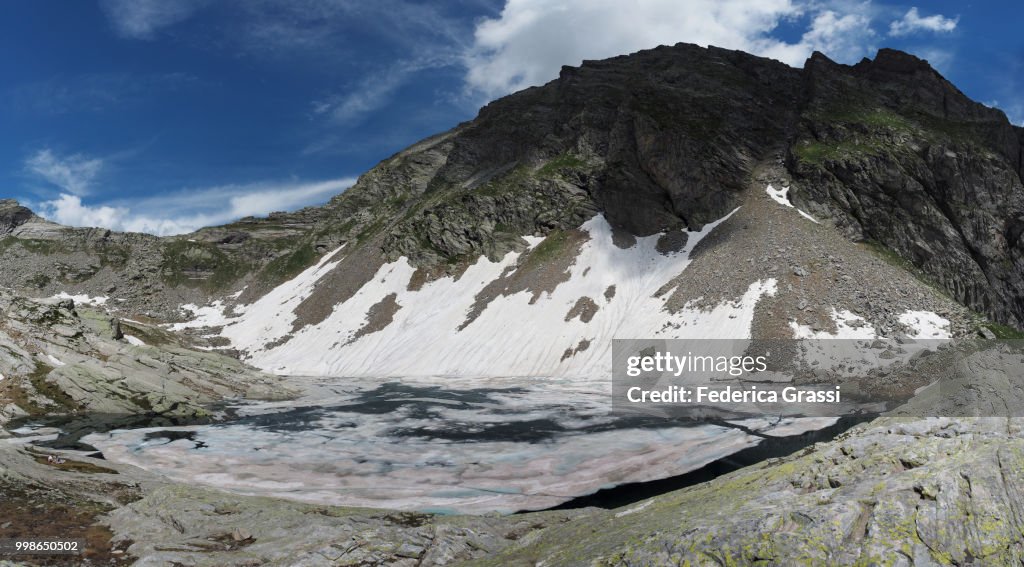 Panoramic of Alpine Lake Lago del Paione di Mezzo in Bognanco Valley