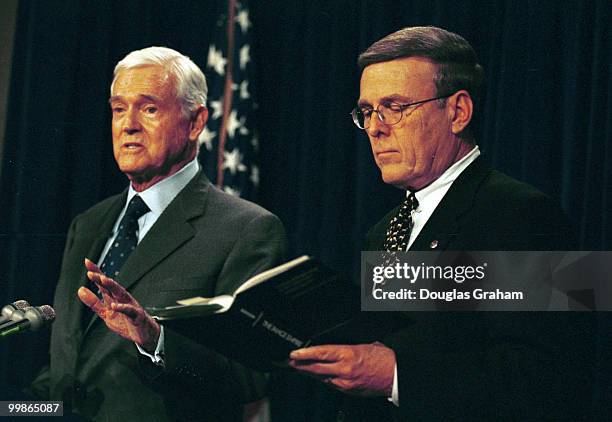 Byron Dorgan, D-N.D. And Ernest F. Hollings, D-S.C. During a press conference on the safe harbor legislation.