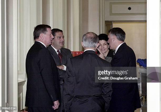 Losers in the last election John Ashcroft, R-Mo., and Spencer Abraham, R-Mich., talk with Jeff Sessions, R-Ala., Olympia J. Snowe, R-Maine, and Jon...