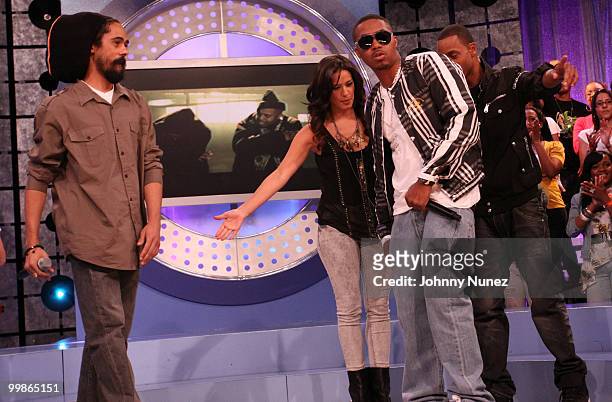 Damien Marley, Nas, Rocsi, Terrence J. On the set of BET's "106 & Park" at BET Studios on May 17, 2010 in New York City.