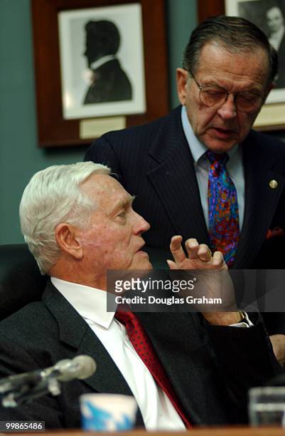 Chairman Ernest F. Hollings, D-S.C., and Ted Stevens, R-Alaska, talk during the Senate Commerce full committee hearing on " Protecting Content in a...