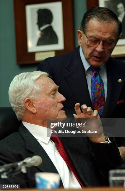 Chairman Ernest F. Hollings, D-S.C., and Ted Stevens, R-Alaska, talk during the Senate Commerce full committee hearing on " Protecting Content in a...