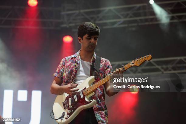 Francisco Belmonte Martinez bass player of the band Vermu performs during Day 1 of NOS Alive Festival 2018 on July 12, 2018 in Lisbon, Portugal.