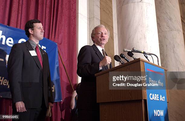 Joseph Lieberman, D-Ct., and Rick Santorum, R-PA., rally in support of the CARE Act, S.1924, which provides incentives for additional charitable...