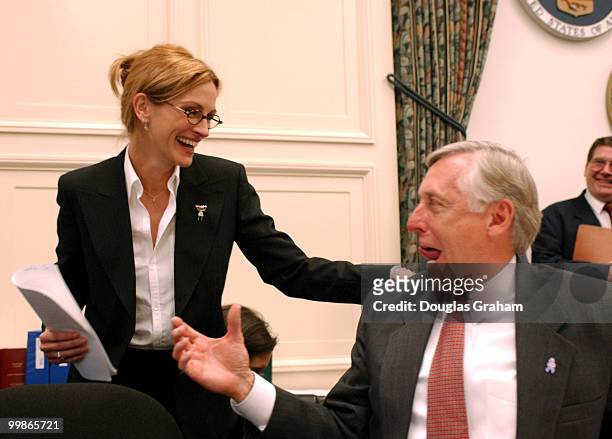 Actress Julia Roberts, greets Steny H. Hoyer, D-MD., before the start of the House Labor, Health, Human Services and Education Appropriations...
