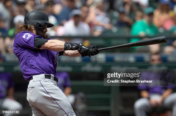 Charlie Blackmon of the Colorado Rockies hits a home run during a game against the Seattle Mariners at Safeco Field on July 8, 2018 in Seattle,...