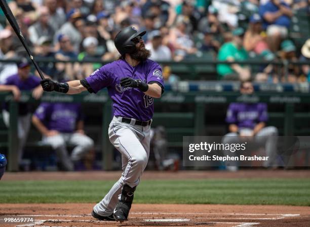 Charlie Blackmon of the Colorado Rockies hits a home run during a game against the Seattle Mariners at Safeco Field on July 8, 2018 in Seattle,...