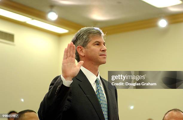 Andrew S. Fastow, former cheif financial officer, Enron Corp. Being sworn in at the oversight and investigations subcommittee hearing to examine the...