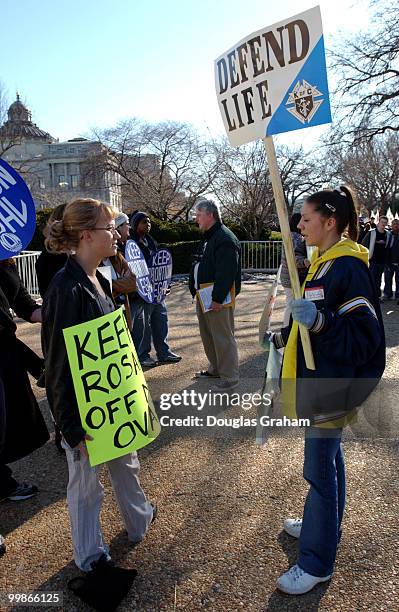 The usual face off between pro life and pro choice marchers at the Supreme Court after gathering at the Washington Monument during the " March for...