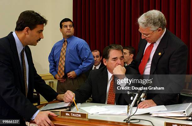 Billy Tauzin, R-La., and Chairman James C. Greenwood, R-Pa., talk before the start of the Subcommittee on Oversight and Investigations of the...