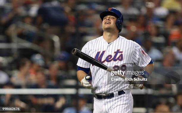 Devin Mesoraco of the New York Mets in action against the Philadelphia Phillies during a game at Citi Field on July 11, 2018 in the Flushing...