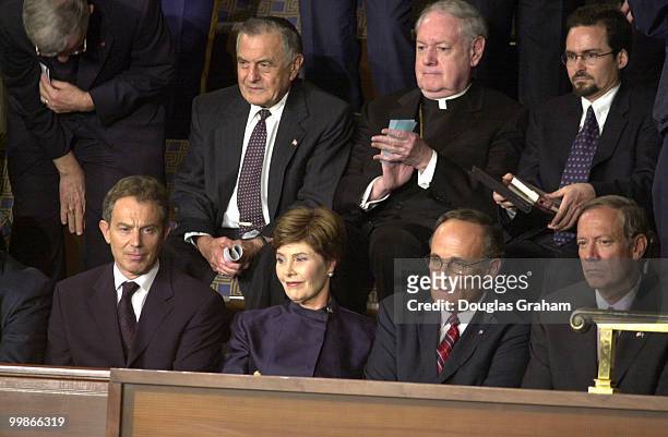 British Prime Minister Tony Blair, first lady Laura Bush and New York Mayor Rudolph W. Giuliani during the President's speech to a joint session of...