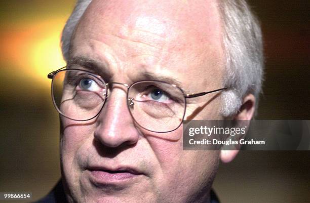 Vice President elect Richard B. Cheney talks with reporters after his meeting with senator Robert Byrd, D-W.Va., in the U. S. Capitol.