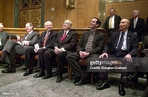Phil Gramm, R-Texas, Jesse Helems, R-N.C., Rick Santorum, R-Pa., and Strom Thurmond, R-S.C., during a ceremony to accept 12 plaster casts used in the...