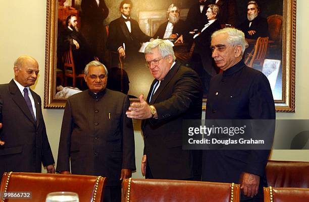 Prime Minister Atal Vajpayee, Speaker of the House J. Dennis Hastert, R-Ill., and Jaswant Singh, F.M. Of India, during a luncheon hosted by the...
